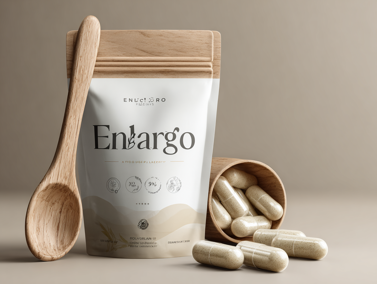 Enlargo - supliment natural în capsule pentru îmbunătățirea circulației sanguine și susținerea funcțiilor fiziologice masculine, ambalat într-o cutie elegantă pe fundal neutru